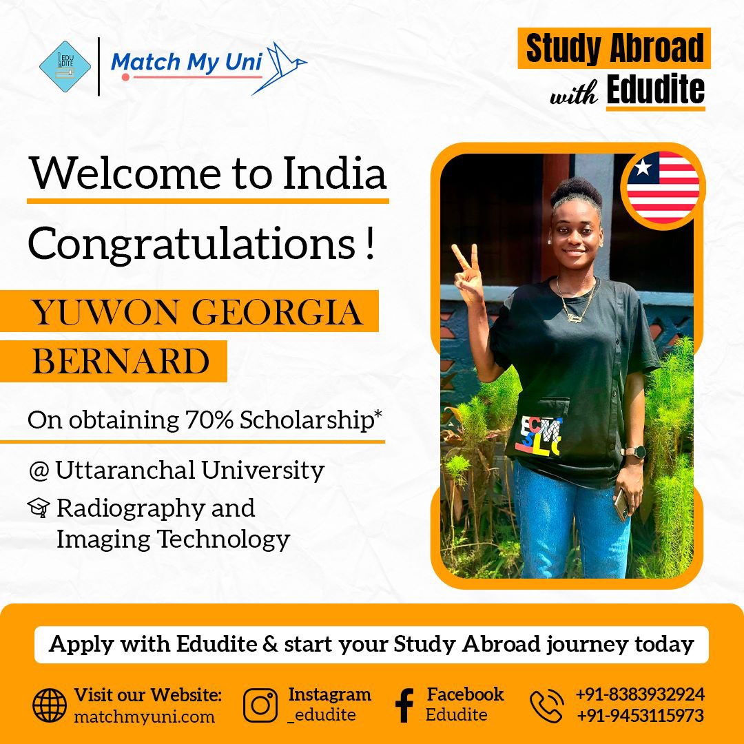 matchmyuni's tweet photo. Join us in congratulating Yuwon on obtaining 70% scholarship from Edudite
We hope this opportunity helps you achieve your dreams and reach new heights. Apply now to study abroad with Edudite. 

#scholarship #studyabroad #highereducation #bachelors #africa #India https://t.co/tAdtvEmu7T