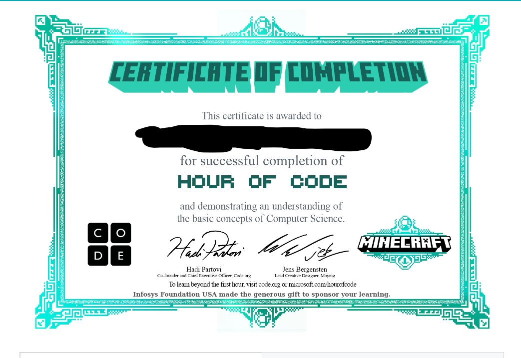 Decidutrix's tweet image. earned this from @codeorg &apos;s #Minecraft coding course. I think this looks super cool.