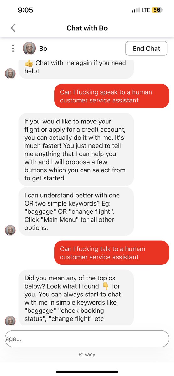 Kenziepooot's tweet photo. @airasia I’m trying to be nice but I’ve been trying to contact customer support about my flight being rescheduled and wanted to confirm, but this shitty bot doesn’t have any other options of me talking to a human being. https://t.co/EJ0irKzhpU