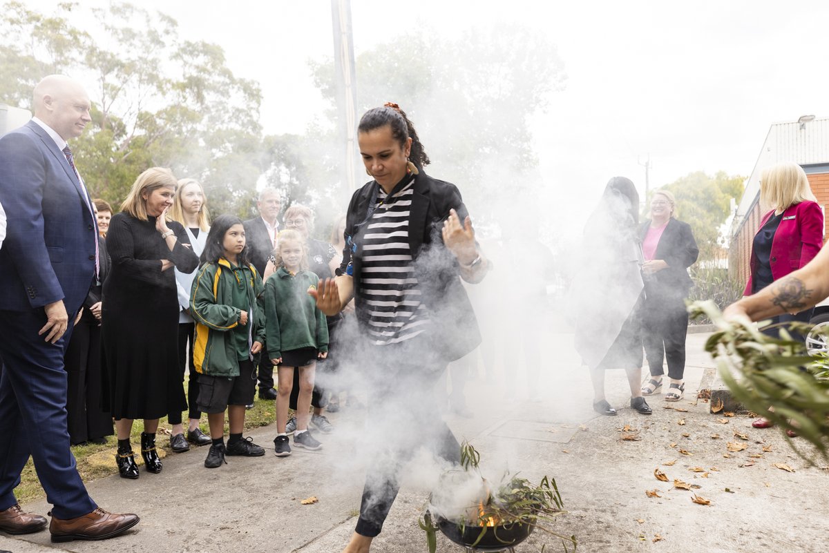 AcademyVIC's tweet photo. It's an honour to have Gunaikurnai Elder Colin and Michelle Dow from GLaWAC perform a Smoking Ceremony and Welcome to Country outside our new Moe centre today as we pay our respects to Elders past and present @VicGovDE #latrobecity #AcademyVIC #Moe https://t.co/9SWvmDKSAc