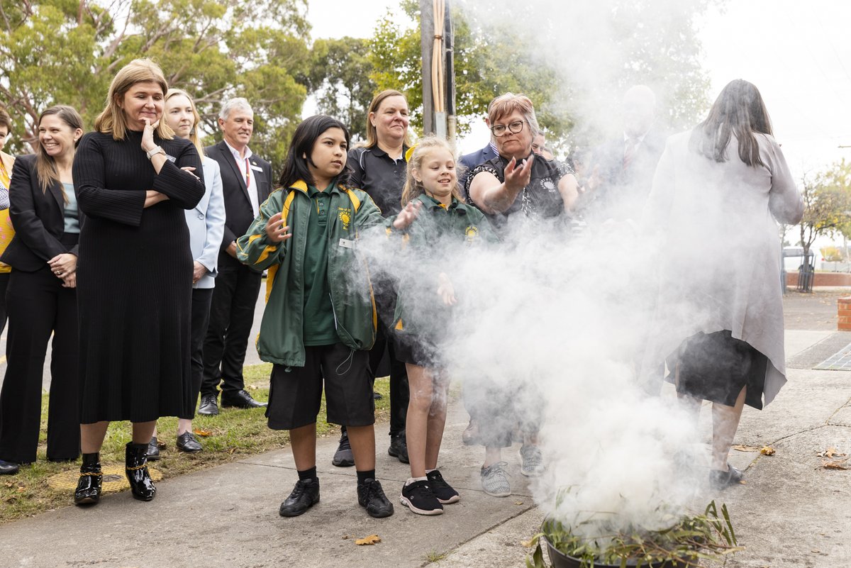 AcademyVIC's tweet photo. It's an honour to have Gunaikurnai Elder Colin and Michelle Dow from GLaWAC perform a Smoking Ceremony and Welcome to Country outside our new Moe centre today as we pay our respects to Elders past and present @VicGovDE #latrobecity #AcademyVIC #Moe https://t.co/9SWvmDKSAc