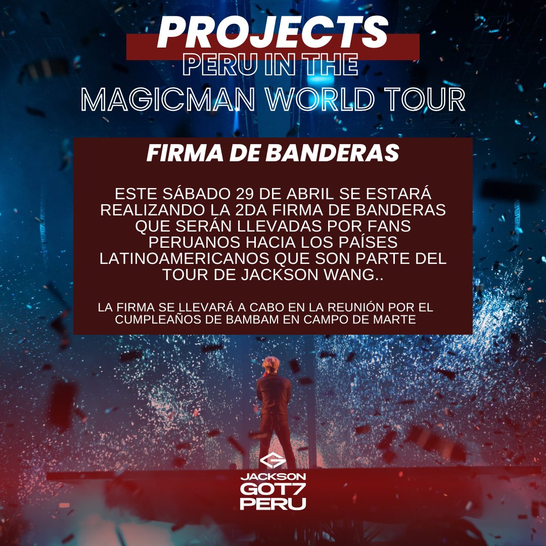 Jackson_G7Peru's tweet photo. ✧ 𝐏𝐑𝐎𝐉𝐄𝐂𝐓𝐒: ᴘᴇʀᴜ ɪɴ ᴛʜᴇ ᴍᴀɢɪᴄᴍᴀɴ ᴡᴏʀʟᴅ ᴛᴏᴜʀ
FIRMA DE BANDERAS 🇵🇪📷 🇵🇪
Nos vemos este sábado en la segunda fecha!
#Jackson #JacksonWang #JacksonGOT7Peru #Magicman #MAGICMANWorldTour https://t.co/67IGOiLlV9