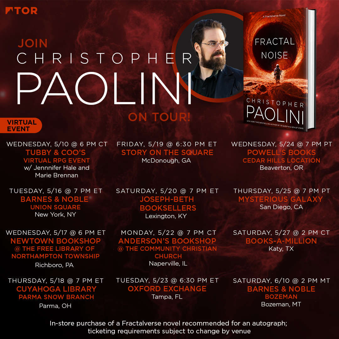 Come see me on tour! 📙 🕳️ 🚀 The #FractalNoise book tour kicks off May 10th with <a href="/jhaletweets/">Jennifer Hale</a> and Marie Brennan joining me for a virtual RPG event hosted by <a href="/tubbyandcoos/">Tubby & Coo's Book Shop</a>! Get event and tour info here: fractalverse.net/fractal-noise-….

<a href="/torbooks/">Tor Books</a> #fractalverse #booktour #sciencefiction