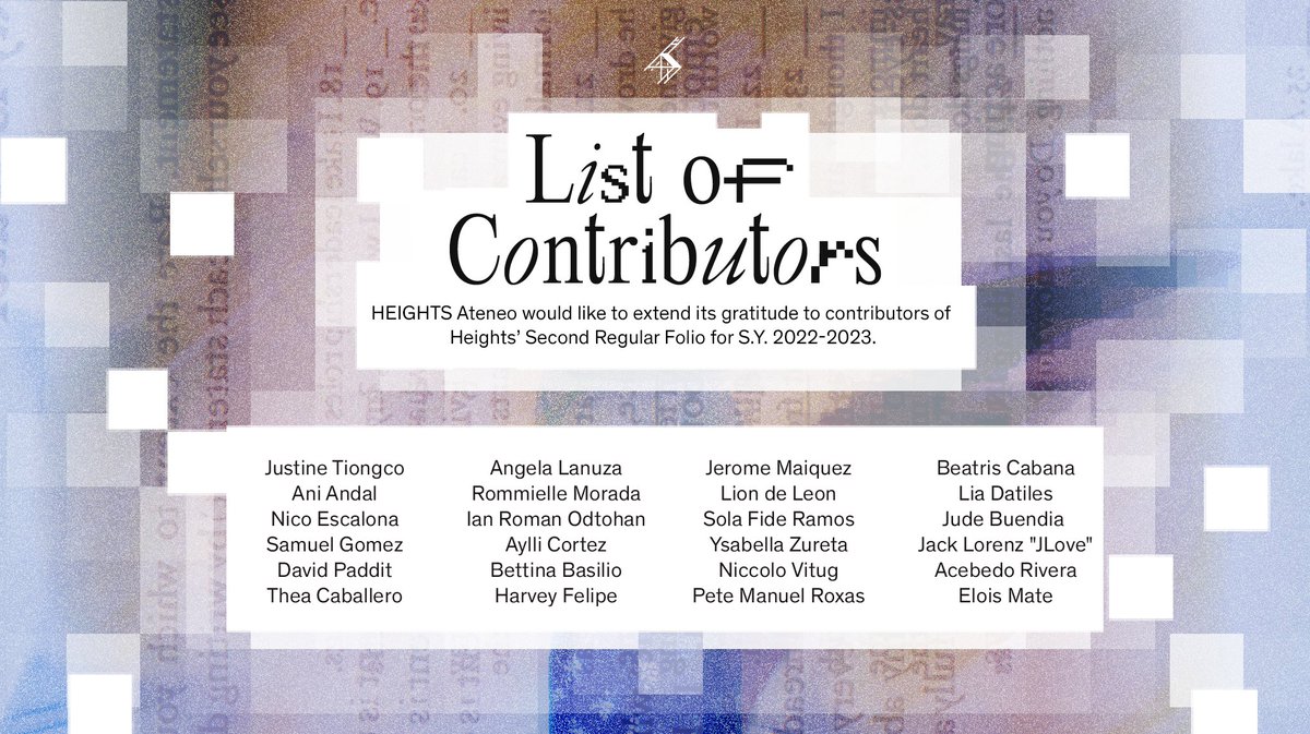 HEIGHTSAteneo's tweet photo. HEIGHTS Ateneo would like to extend its gratitude to the contributors of Heights’ Second Regular Folio for S.Y. 2022-2023. 

Join us as we celebrate the culmination of the folio on May 3, 5:00 PM at the Rizal Mini Theatre.

#HeightsTUKLAS
Poster by Ven Bello https://t.co/WpN8nuM9nm
