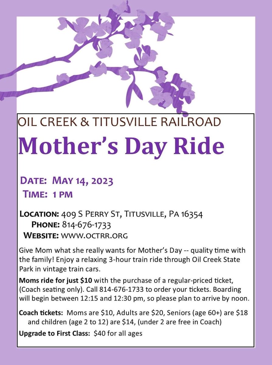 OCandT's tweet photo. https://t.co/R9ng30eune
A few Cabooses have opened up for Saturday night at the Caboose Motel, Inc. Call them at 814-827-5730.
#octrr #oilcreekandtitusvillerailroad #MothersDay #Treatmom #unplug #SpringinPA #VisitPA #theresastoryhere #VisitCrawford #VisitCrawfordCoPA https://t.co/ZkbhBQFnBm