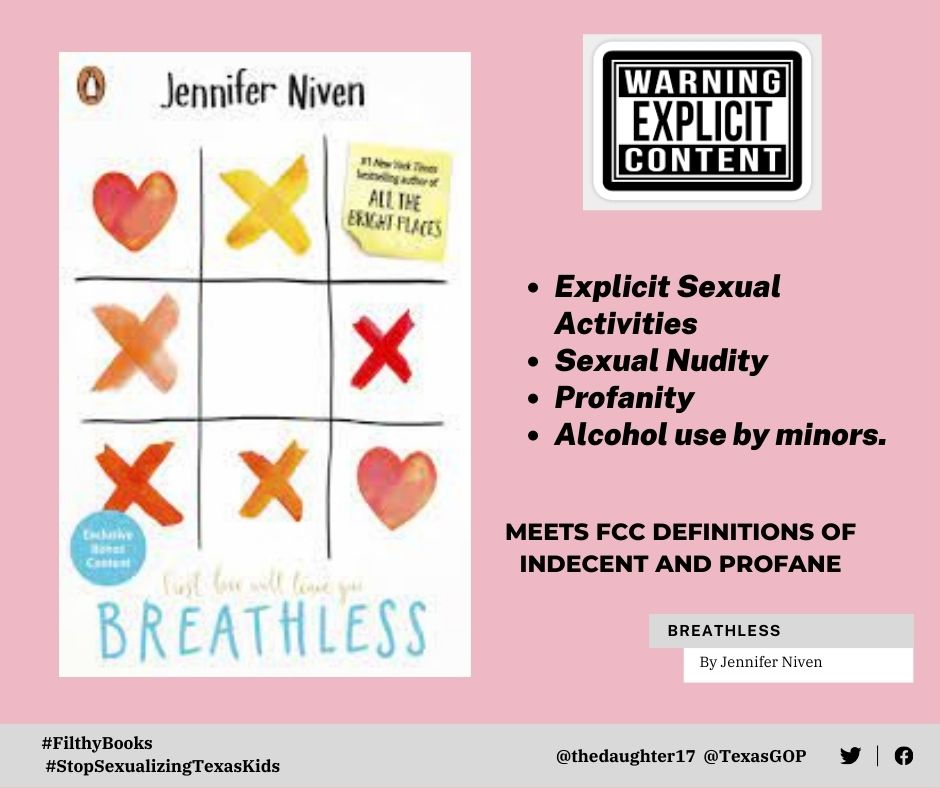 thedaughter17's tweet photo. Day 49 in the #FilthyBook campaign and another teen erotica book found in Texas schools Breathless by Jennifer Nevin.
The cover looks so innocent and sweet, but the book contains pages upon pages of explicit content.
1/2 #FilthyBooks #txlege @texasgop https://t.co/5z6uZ5Zazo