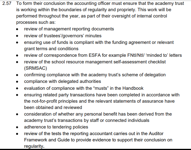 AcademyHelpdesk's tweet photo. There is a useful checklist for Accounting Officers in the AAD23 guiding towards documents that would inform their regularity reporting obligations which are reported each year in the Trust's audited statutory accounts:
#MAT #CEO #regularity #publicmoney https://t.co/z71SN0KdRf