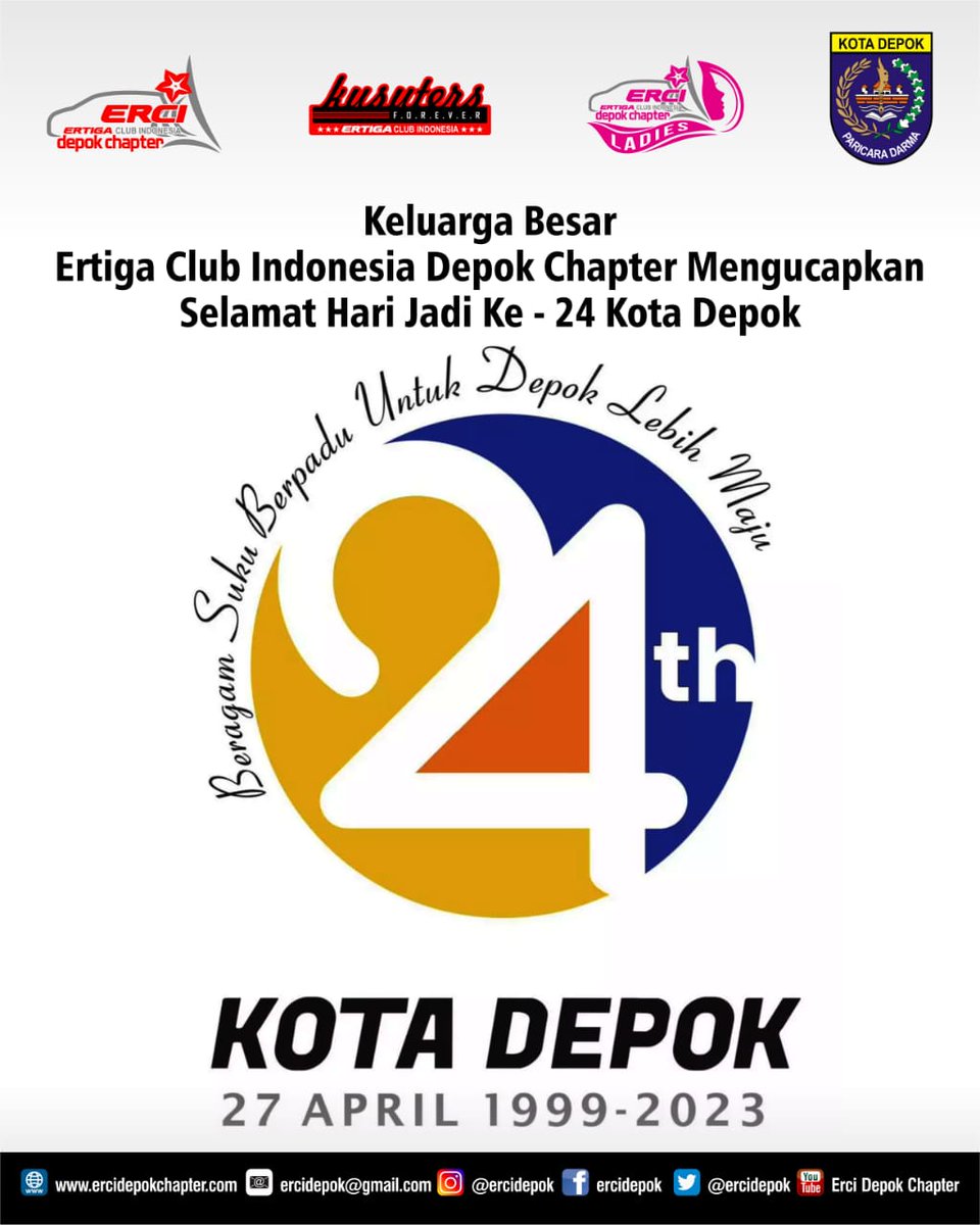 ercidepok's tweet photo. Kami Keluarga Besar ERtiga Club Indonesia Chapter Depok mengucapkan " Selamat Hari Jadi ke 24 Kota Depok " ..
#erci
#ertiga
#ercidc
#kusuter
#erciladies
#ercidepok
#10tahunercidc
#ercidepokchapter
#thinkercithinkfamily
#darimemberuntukmember
Website : https://t.co/55UAb29mbQ https://t.co/totAso05FI