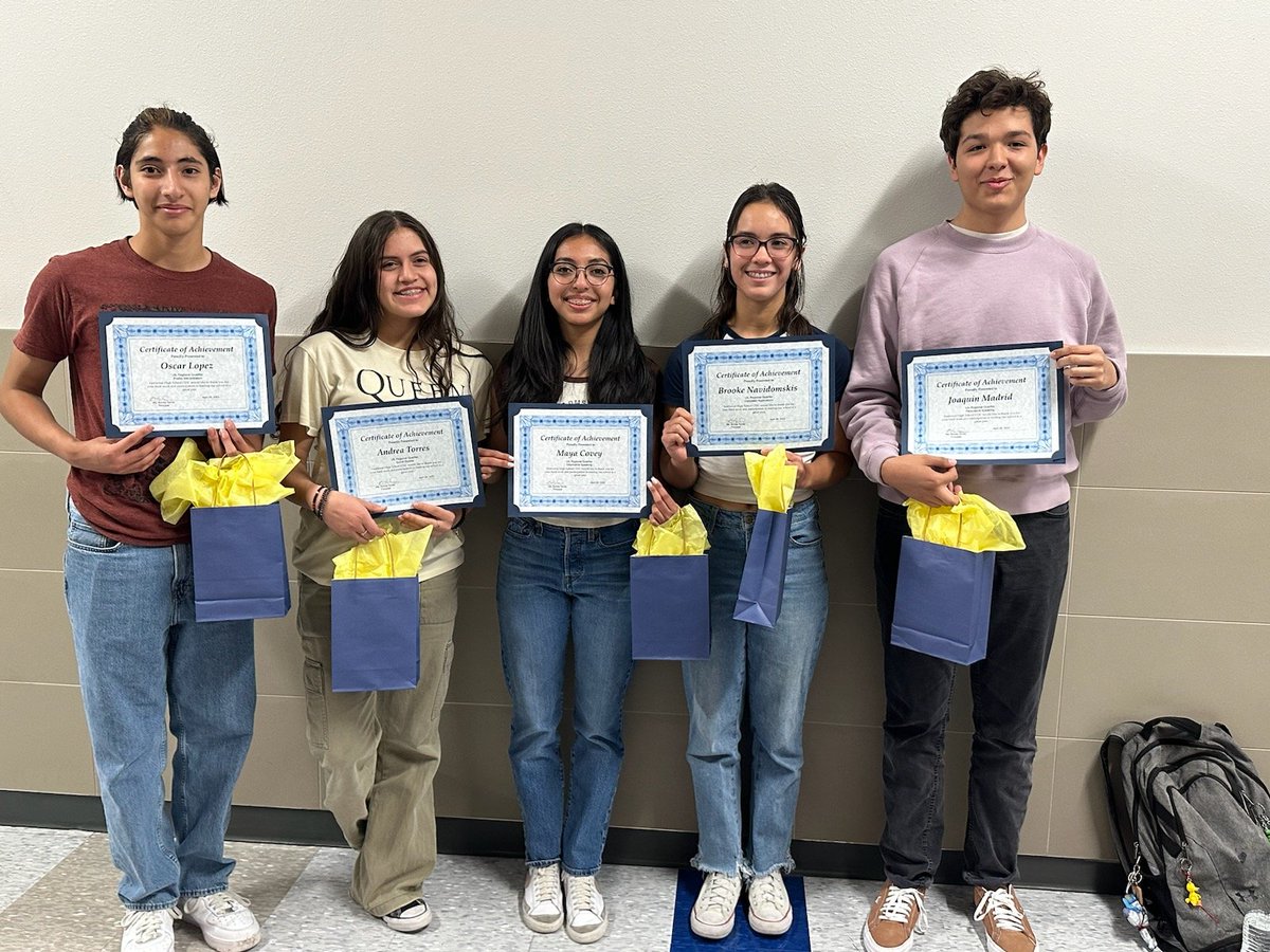 Congratulations to our debaters, Oscar, Andrea, Maya, Brooke, and Joaquin, who were recognized today for qualifying to the UIL regional competition. Oscar and Amanda are freshmen, and Maya, Brooke, and Joaquin are sophomores making their second appearance at regionals!