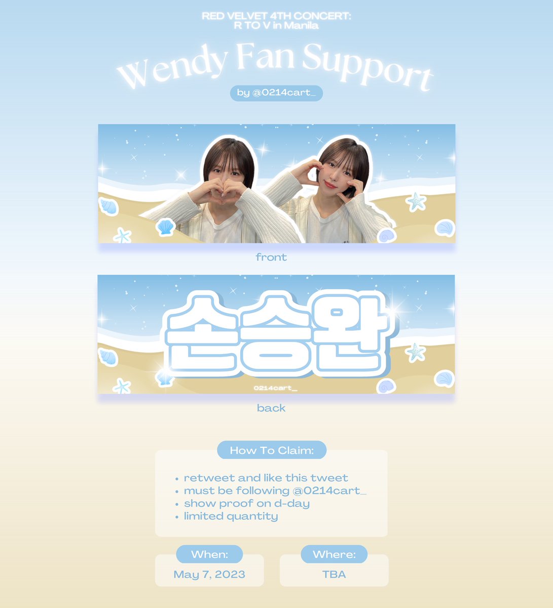 0214cart_'s tweet photo. Hi! I'll be giving #WENDY hand banners for R to V in Manila 💙

🐹 open for trades/donations
🐶 1:1; limited quantity
🐺 mbf; will go on priv and tweet loc on d-day

Please like and rt to spread! See you on May 7 🥰 https://t.co/0KGea0RW9d