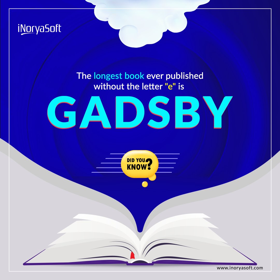 inoryasoft's tweet photo. Did you know there's a novel that doesn't use the letter "e" at all? It's called Gadsby, written by Ernest Vincent Wright, and it's a whopping 50,000 words long! 🤯 Can you imagine writing 50,000 words without using the most common letter in English?

#didyouknow #facts #book https://t.co/qwFozTsbqe
