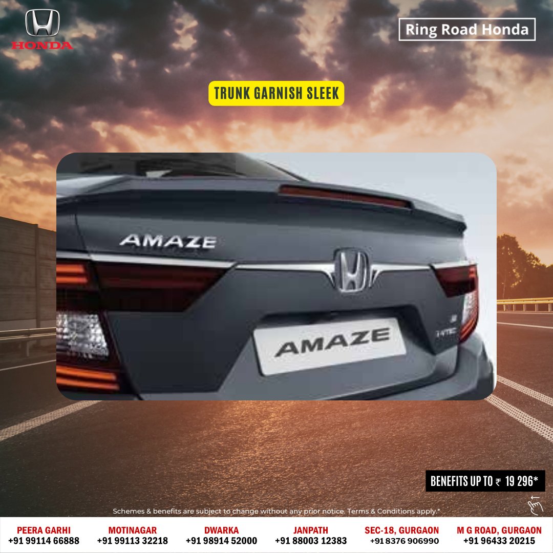 ring_honda's tweet photo. The Shaandaar Amaze is stylish and finely crafted!
It comes with window chrome moulding and a beautiful tail lamp.

Enjoy benefits upto ₹ 19 296*.
Book now - https://t.co/Wy7mUWYmhS
.
.
.
#RingRoadHonda #DelhiNCR #HondaCarsIndia #Honda #HondaAmaze https://t.co/YyksWPim5J
