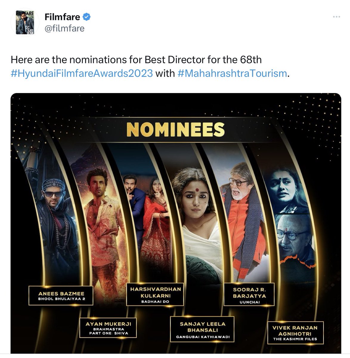 vivekagnihotri's tweet photo. ANNOUNCEMENT: 
FILMFARE AWARDS

I learnt from media that #TheKashmirFiles is nominated in 7 categories for the 68th Filmfare Awards. But I politely refuse to be part of these unethical and anti-cinema awards. Here is why:  

According to Filmfare, other than the stars, nobody has a face. Nobody matters. That’s why, in the sycophant and unethical world of Filmfare, Master Directors like Sanjay Bhansali or Sooraj Barjatya have no faces. Sanjay Bhansali looks like Alia Bhatt, Sooraj like Mr. Bachchan and Annes Bazmi like Karthik Aryan. It’s not that a filmmaker’s dignity comes from Filmfare Awards but this humiliating system must end.

Therefore, as my protest and dissent against a corrupt, unethical and sycophant establishment of Bollywood, I have decided to not accept such awards. 

I refuse to be part of any oppressive and corrupt system or awards which treats writers, directors and other HODs & crew members of a film inferior to and/or as slaves to stars. 

My congratulations to all those who win and more to those who do not. 

The brighter side is that I am not alone. Slowly but steadily, a parallel Hindi film industry is emerging. Until then… 

सिर्फ हंगामा खड़ा करना मेरा मकसद नहीं, मेरी कोशिश है कि ये सूरत बदलनी चाहिए।  मेरे सीने में नहीं तो तेरे सीने में सही, हो कहीं भी आग, लेकिन आग जलनी चाहिए।
- दुष्यंत कुमार  

#HumDekhenge