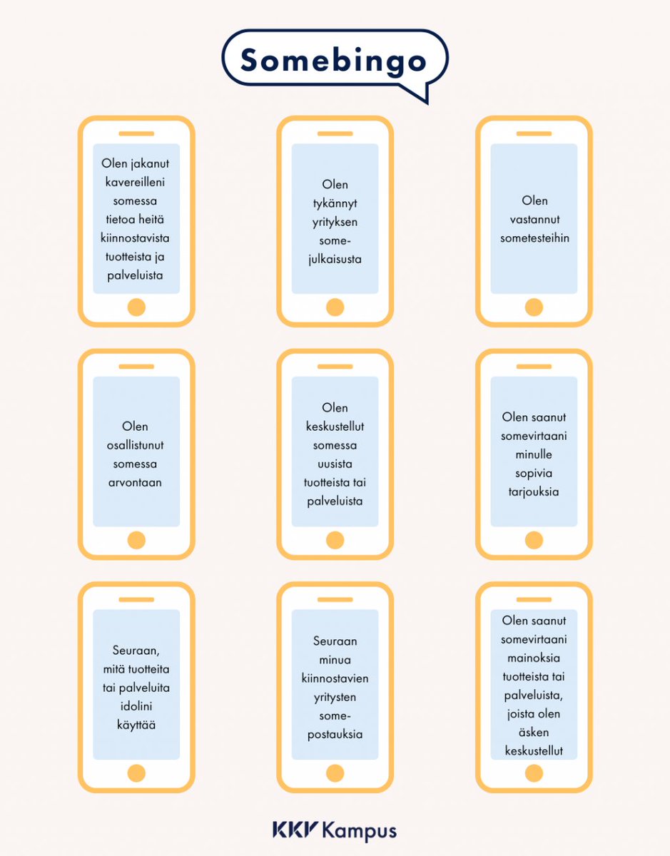 Opettaja, nappaa tästä Somebingo 🎯 osaksi loppukevään koulupäiviä! Bingon avulla ohjaat oppilaita tunnistamaan kaupallista viestintää sosiaalisessa mediassa.  Ladattavan bingoruudukon tehtävänantoineen löydät KKV Kampukselta: kkv-kampus.fi/course/view.ph… #oppiminen