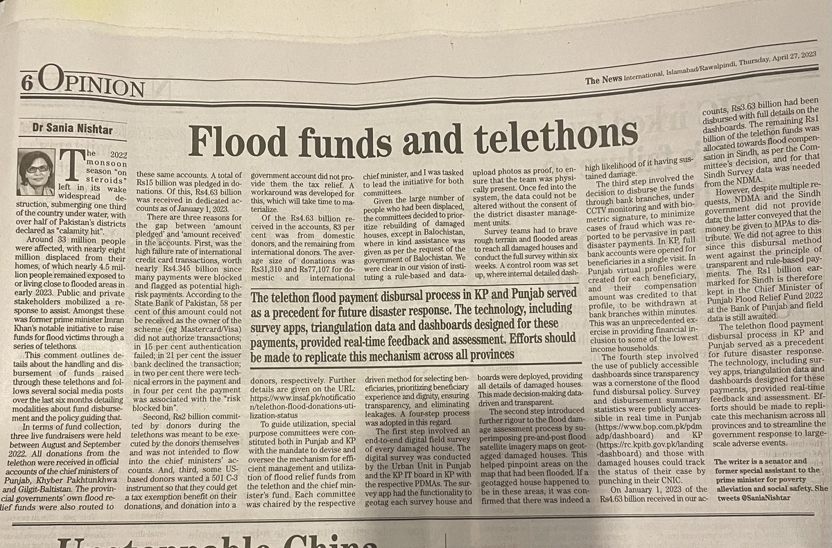 SaniaNishtar's tweet photo. My oped explaining details about collection and utilisation of the funds raised by @ImranKhanPTI  during the the flood-related telethons. Transparency, rule-based disbursements and dignified help for the flood affected were the underlying principles. 

https://t.co/2XrimcXHUL https://t.co/nzhn6l0bSM