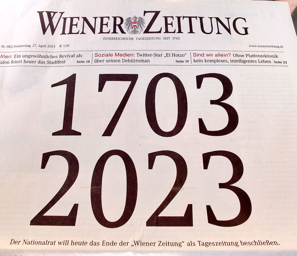 Bitter, wenn die älteste Tageszeitung der Welt mit der eigenen Todesanzeige aufmachen muss - heute wird der Nationalrat das Ende der <a href="/WienerZeitung/">WZ | Wiener Zeitung</a> als gedruckte Tageszeitung beschließen