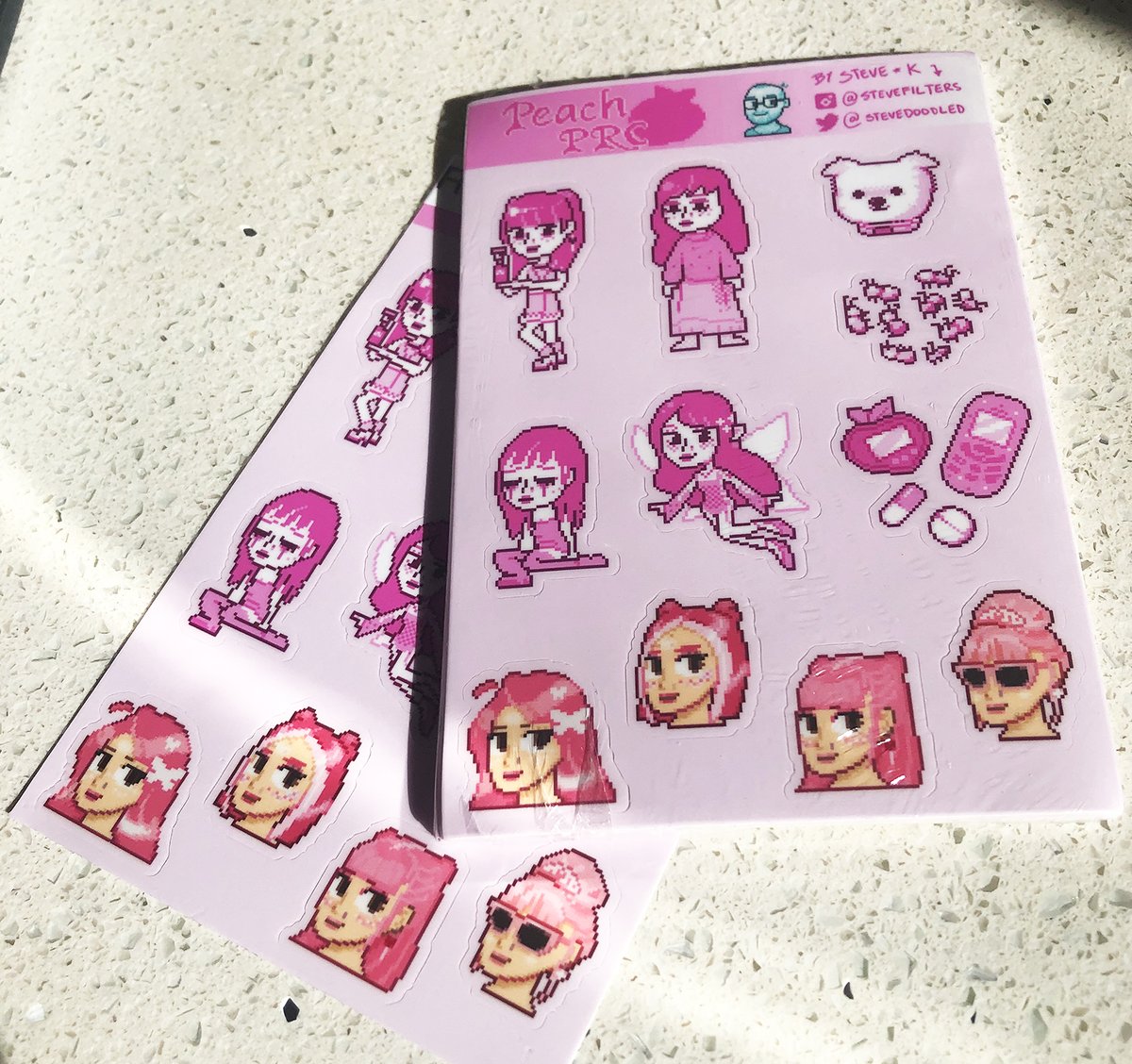 Got stickers printed 'cause I wanted to give them to <a href="/peachprc/">Peach PRC</a> at her show lol, but I guess if I can't I'll just hand them out to randoms 🌝