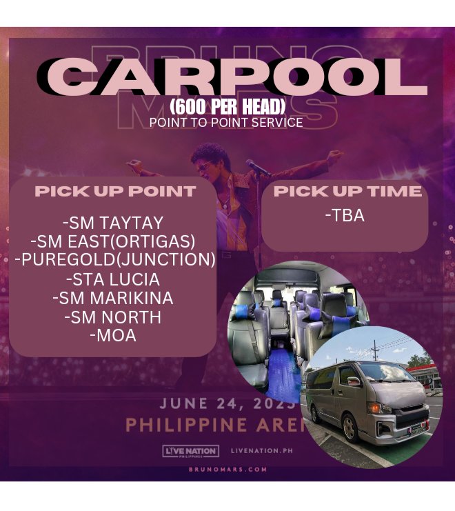 OT4OrNothingg's tweet photo. Hooligans!
Guess who's back again?!๐
We offer Carpool for bruno mars concert in PH Arena.
See the form for other carpool details.
https://t.co/T3YgnmLja6
SUCCESSFUL CARPOOL CORCERT:
BORN PINK MANILA(March 25&26 2023)
#BrunoMarsPH
#CarpoolService https://t.co/K2aB88rx9U