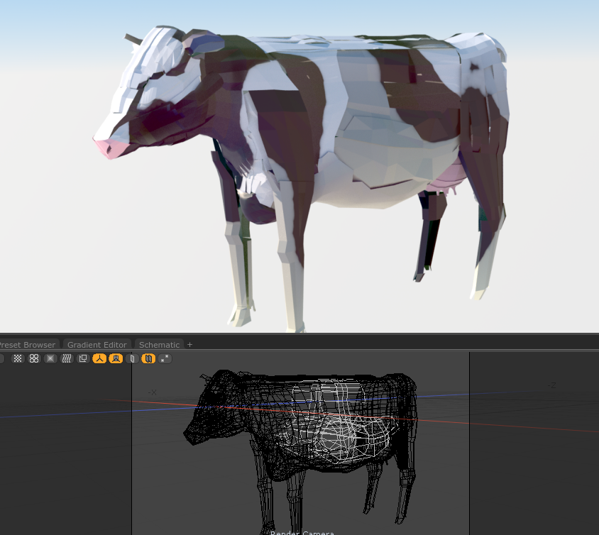 RFTobar's tweet photo. Had another fun #twitch stream. Cow piece is nearing a poseable rig. Will be doing more texturing to some smaller areas. #cow #lowpoly #postlowpoly #modo #3dart #octanerender https://t.co/aeG2zvhocE