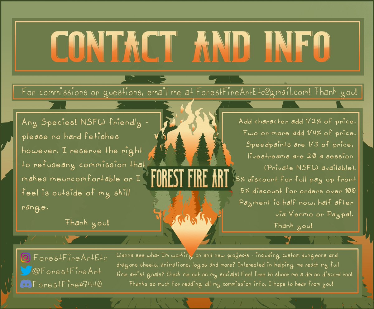 ForestFireArt's tweet photo. Commissions are open! Currently, I need to make about $280 a week to pay all my bills. For now, commissions will be my only source of income until I get stickers and prints up on Etsy and RedBubble. I also do logos, shoot me a dm or email to talk! https://t.co/BH3gIhTXMR