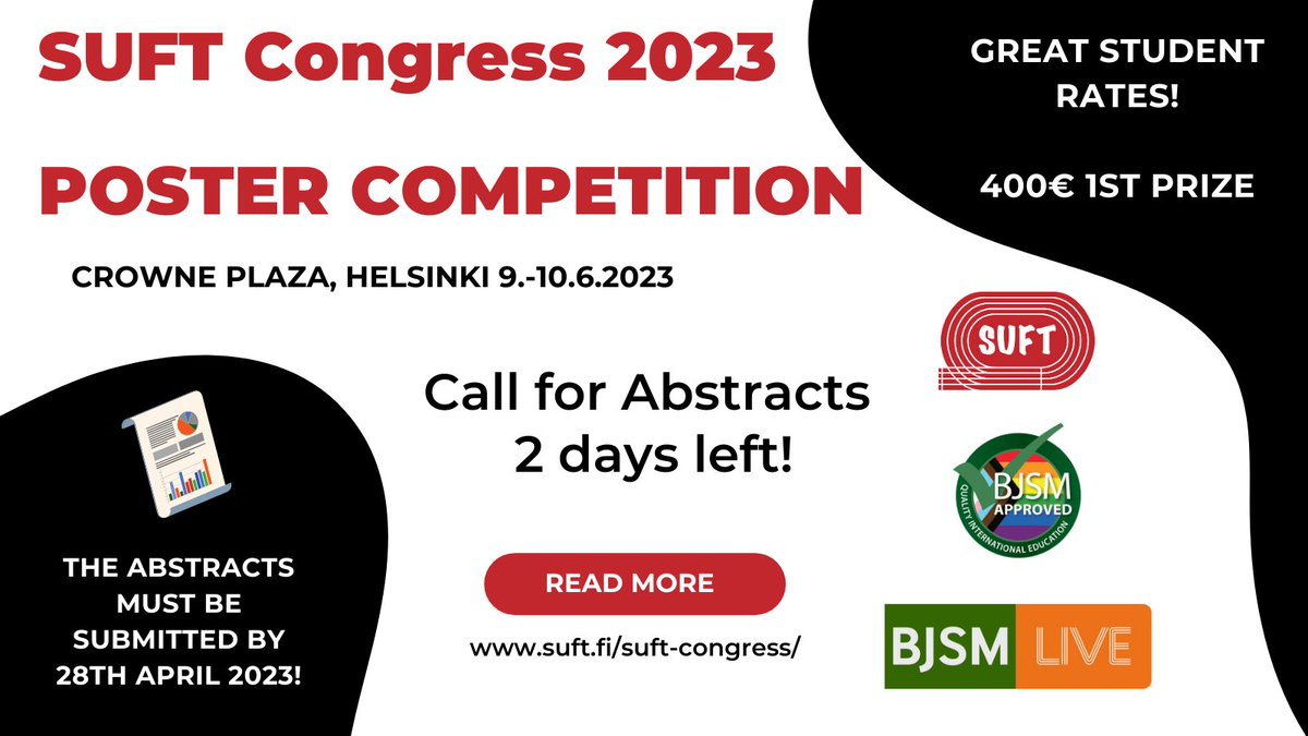 SUFTcongress (@suft_congress) on Twitter photo 2 DAYS LEFT
Poster competition 400€ Prize
Abstract Submission: bit.ly/SUFT_AbstractS…
Program: suft.fi/suft-congress/
Tickets: bit.ly/SUFT_Tickets
Student price 290€ (Incl lunches and coffees)
<a href="/BJSM_BMJ/">British Journal of Sports Medicine (BJSM)</a> <a href="/IntFSPT/">IFSPT</a> <a href="/KIHUFinland/">KIHU</a> <a href="/fysioterapeutit/">Fysioterapeutit</a> <a href="/urhea_fi/">Urhea</a> <a href="/Olympiakomitea/">Olympiakomitea</a> 2 DAYS LEFT
Poster competition 400€ Prize
Abstract Submission: bit.ly/SUFT_AbstractS…
Program: suft.fi/suft-congress/
Tickets: bit.ly/SUFT_Tickets
Student price 290€ (Incl lunches and coffees)
<a href="/BJSM_BMJ/">British Journal of Sports Medicine (BJSM)</a> <a href="/IntFSPT/">IFSPT</a> <a href="/KIHUFinland/">KIHU</a> <a href="/fysioterapeutit/">Fysioterapeutit</a> <a href="/urhea_fi/">Urhea</a> <a href="/Olympiakomitea/">Olympiakomitea</a>