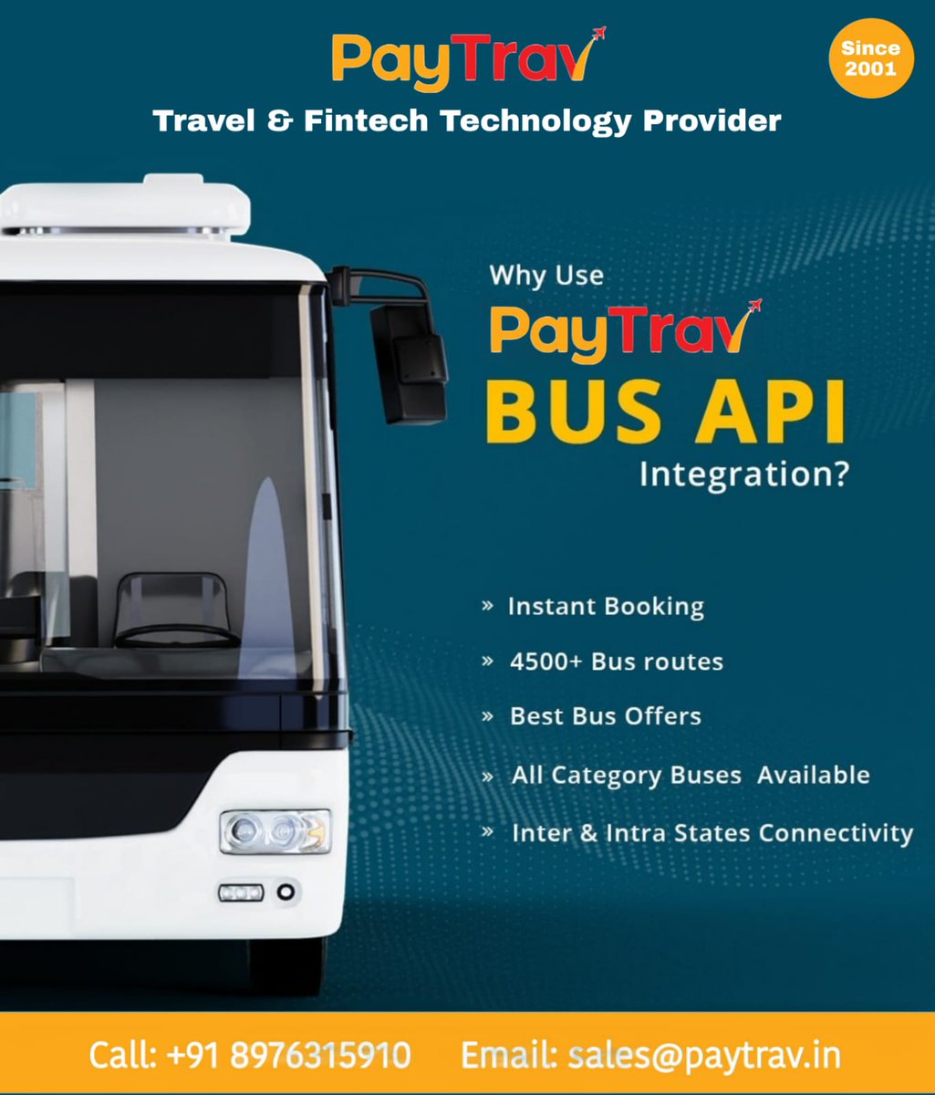 trav_pay's tweet photo. Paytrav is a smart and intuitive online bus ticket booking portal, offering online bus ticket reservation services across India.
For Demo-Call @ +91 89763 15910
More Info-https://t.co/fFrwYJkK8y

#Paytrav #travelportal #traveltechnology #busapi https://t.co/vaHk6gqjb9