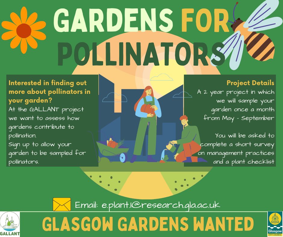 Do you have a garden? Interested to know how lives in it?! GALLANT #Glasgow #PhD student @EmmaPlant is looking for gardens for her pollinator research! No expertise required, and all garden types welcome! Please get in touch with Emma for more info: e.plant.1@research.gla.ac.uk