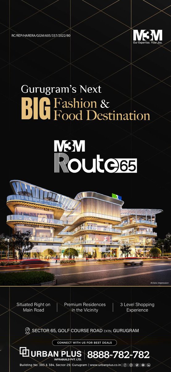 UrbanPlus's tweet image. M3M Route 65 
Offering a 3-tier shopping experience, along with dedicated spaces for food courts &amp;amp; restaurants in Sector 65, Golf Course Road Extn., Gurugram 
 Dial 8888782782
🌐Explore : urbanplus.co.in
#M3M #UrbanPlus #Route65 #ShoppingExperience #FoodCourt #Restaurants