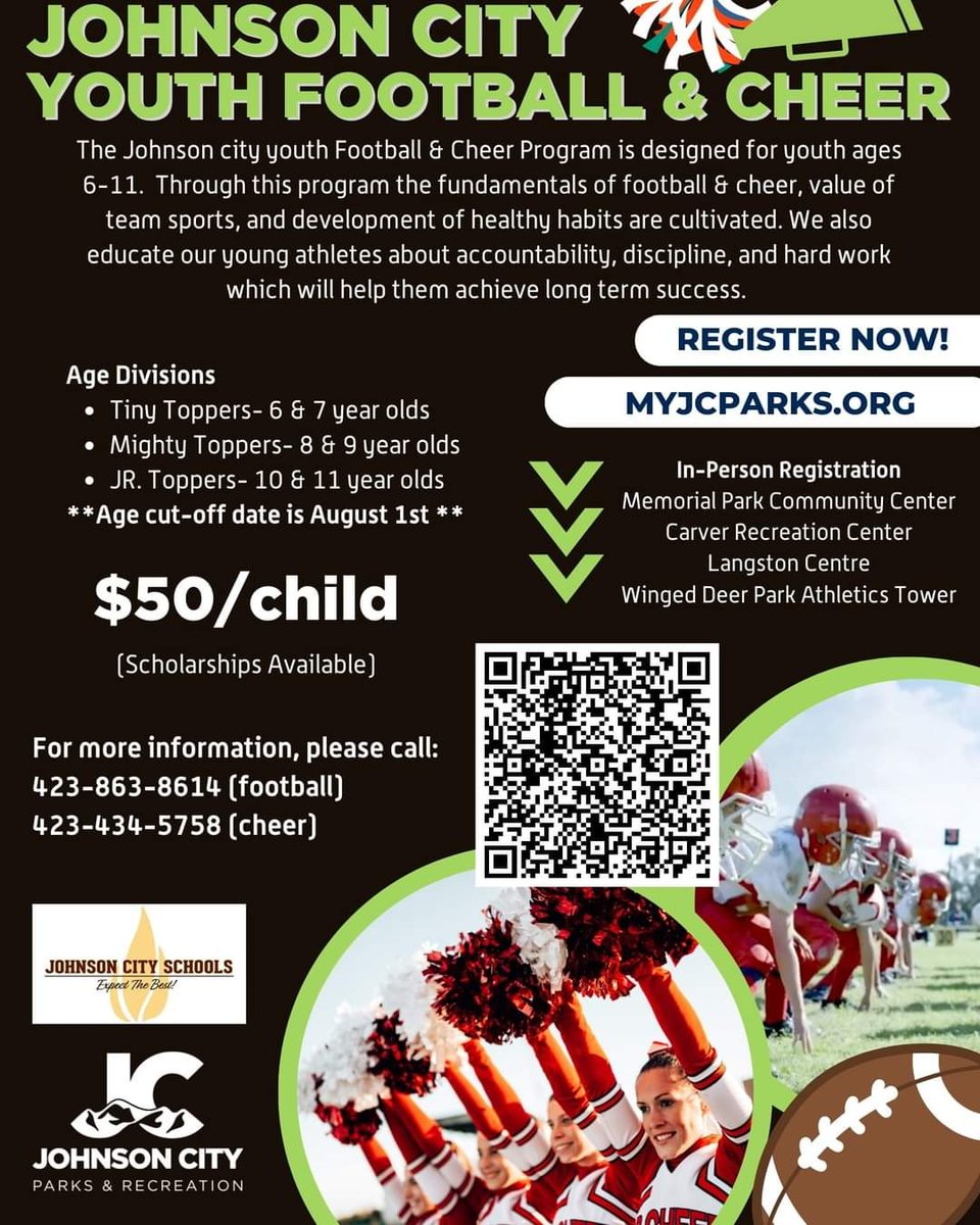 Johnson City Youth Football and Cheer. Taking youth sports to another level.
Get your child signed up today.