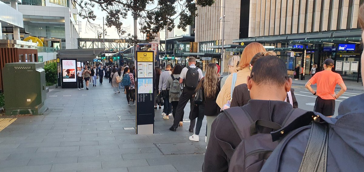 Northbound busses from Auckland CBD, people lined up down the block and round the corner.