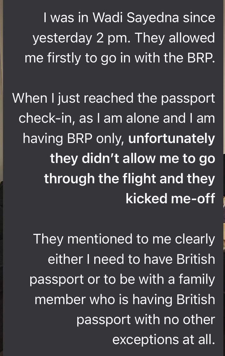 We just had confirmation from TWO colleagues who are UK residents (non british passport holders) that they have been denied a seat in the evacuation plane , please read an account from one of them , please RT <a href="/Up_yours_Haftar/">Caroline Frampton</a> <a href="/FCDOGovUK/">Foreign, Commonwealth & Development Office</a> <a href="/JamesCleverly/">James Cleverly🇬🇧</a> <a href="/BBCNews/">BBC News (UK)</a> <a href="/SkyNews/">Sky News</a> <a href="/itvnews/">ITV News</a>