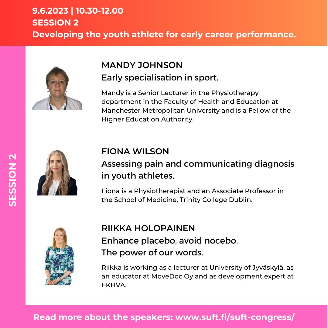 SUFTcongress (@suft_congress) on Twitter photo SUFT Congress: Prioritizing performance
Session 2: Developing the youth athlete for early career performance.
Program and tickets: suft.fi/suft-congress/
<a href="/FionaWilsonf/">Prof. Fiona Wilson</a> <a href="/rtholopainen/">Riikka Holopainen</a> <a href="/BJSM_BMJ/">British Journal of Sports Medicine (BJSM)</a> <a href="/DreznerJon/">Jon Drezner</a> <a href="/IntFSPT/">IFSPT</a> <a href="/sportsfysioDK/">Sportsfysioterapi</a> @KarimKhan_IMHA <a href="/SUFT_congress/">SUFTcongress</a> <a href="/urhea_fi/">Urhea</a> SUFT Congress: Prioritizing performance
Session 2: Developing the youth athlete for early career performance.
Program and tickets: suft.fi/suft-congress/
<a href="/FionaWilsonf/">Prof. Fiona Wilson</a> <a href="/rtholopainen/">Riikka Holopainen</a> <a href="/BJSM_BMJ/">British Journal of Sports Medicine (BJSM)</a> <a href="/DreznerJon/">Jon Drezner</a> <a href="/IntFSPT/">IFSPT</a> <a href="/sportsfysioDK/">Sportsfysioterapi</a> @KarimKhan_IMHA <a href="/SUFT_congress/">SUFTcongress</a> <a href="/urhea_fi/">Urhea</a>