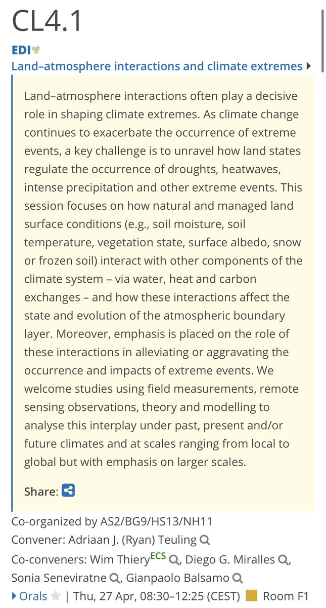 gpbalsamo's tweet image. #EGU23 session on “#Land–#Atmosphere interactions &amp;amp; #climate #extremes” is starting at 8:30 in Room F1🔶 with a solicited talk by @GregDuveiller 🌱🌍

👉  meetingorganizer.copernicus.org/EGU23/session/…

Chaired by Ryan Teuling  @droughtNL &amp;amp; co-conveners @WimThiery @HCEL_Ghent @SISeneviratne @gpbalsamo