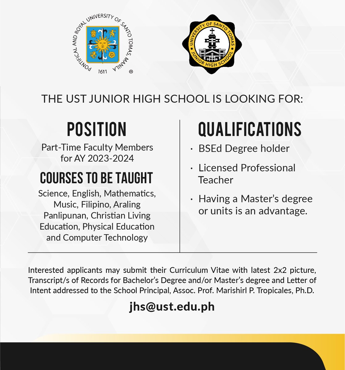 UST1611official's tweet photo. The UST Junior High School is looking for faculty members for the School Year 2023-2024.

#JobsAtUST https://t.co/xaScWVQZCW