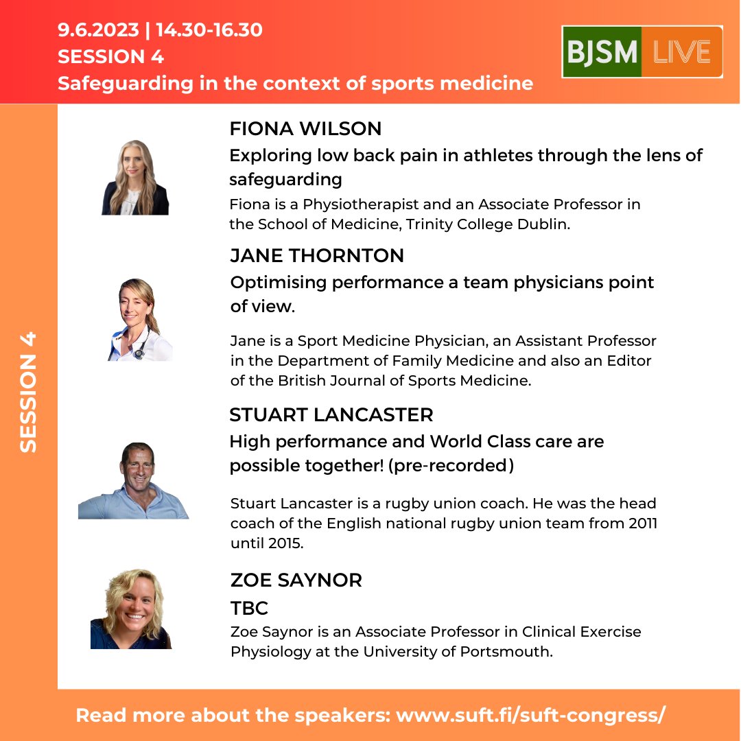 SUFTcongress (@suft_congress) on Twitter photo SUFT Congress: Prioritizing performance
Session 4: BJSM-Live session
Safeguarding in the Context of Sports Medicine
Program and tickets: suft.fi/suft-congress/
<a href="/FionaWilsonf/">Prof. Fiona Wilson</a> <a href="/Zoe_Saynor/">Dr Zoe Saynor (she/her)</a> <a href="/JaneSThornton/">Dr. Jane Thornton OLY</a> <a href="/BJSM_BMJ/">British Journal of Sports Medicine (BJSM)</a> <a href="/DreznerJon/">Jon Drezner</a> <a href="/IntFSPT/">IFSPT</a> <a href="/urhea_fi/">Urhea</a> <a href="/KIHUFinland/">KIHU</a> <a href="/Olympiakomitea/">Olympiakomitea</a> SUFT Congress: Prioritizing performance
Session 4: BJSM-Live session
Safeguarding in the Context of Sports Medicine
Program and tickets: suft.fi/suft-congress/
<a href="/FionaWilsonf/">Prof. Fiona Wilson</a> <a href="/Zoe_Saynor/">Dr Zoe Saynor (she/her)</a> <a href="/JaneSThornton/">Dr. Jane Thornton OLY</a> <a href="/BJSM_BMJ/">British Journal of Sports Medicine (BJSM)</a> <a href="/DreznerJon/">Jon Drezner</a> <a href="/IntFSPT/">IFSPT</a> <a href="/urhea_fi/">Urhea</a> <a href="/KIHUFinland/">KIHU</a> <a href="/Olympiakomitea/">Olympiakomitea</a>