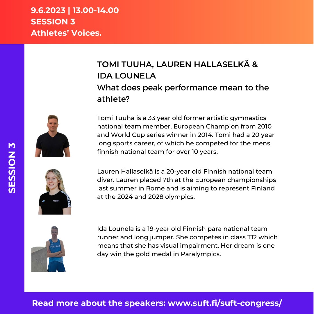 SUFTcongress (@suft_congress) on Twitter photo SUFT Congress: Prioritizing performance
Session 3: What does peak performance mean to the athlete?
Program and tickets: suft.fi/suft-congress/
<a href="/BJSM_BMJ/">British Journal of Sports Medicine (BJSM)</a> <a href="/DreznerJon/">Jon Drezner</a> <a href="/IntFSPT/">IFSPT</a> <a href="/sportsfysioDK/">Sportsfysioterapi</a> @KarimKhan_IMHA <a href="/SUFT_congress/">SUFTcongress</a> <a href="/urhea_fi/">Urhea</a>
<a href="/KIHUFinland/">KIHU</a> <a href="/fysioterapeutit/">Fysioterapeutit</a> <a href="/Olympiakomitea/">Olympiakomitea</a> SUFT Congress: Prioritizing performance
Session 3: What does peak performance mean to the athlete?
Program and tickets: suft.fi/suft-congress/
<a href="/BJSM_BMJ/">British Journal of Sports Medicine (BJSM)</a> <a href="/DreznerJon/">Jon Drezner</a> <a href="/IntFSPT/">IFSPT</a> <a href="/sportsfysioDK/">Sportsfysioterapi</a> @KarimKhan_IMHA <a href="/SUFT_congress/">SUFTcongress</a> <a href="/urhea_fi/">Urhea</a>
<a href="/KIHUFinland/">KIHU</a> <a href="/fysioterapeutit/">Fysioterapeutit</a> <a href="/Olympiakomitea/">Olympiakomitea</a>