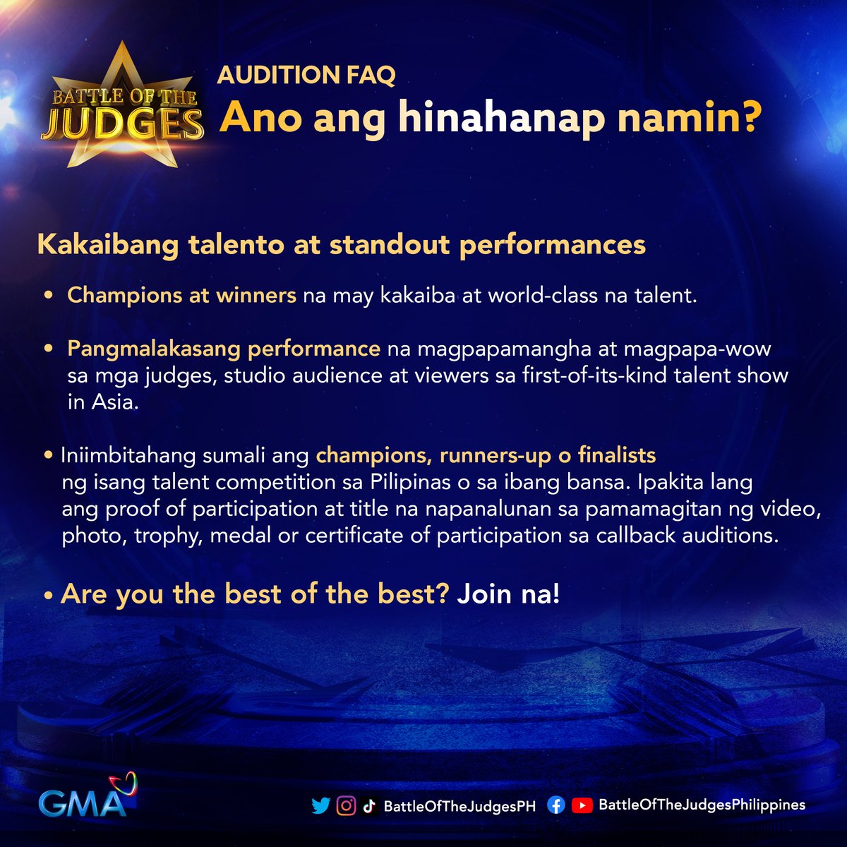 botjph's tweet photo. Mga Kapuso, here's more information on how you can join #BattleOfTheJudgesPH! 

Kayo na lang ang hinihintay namn, sali na sa world's ultimate talent competition! https://t.co/FdVxypHDnn