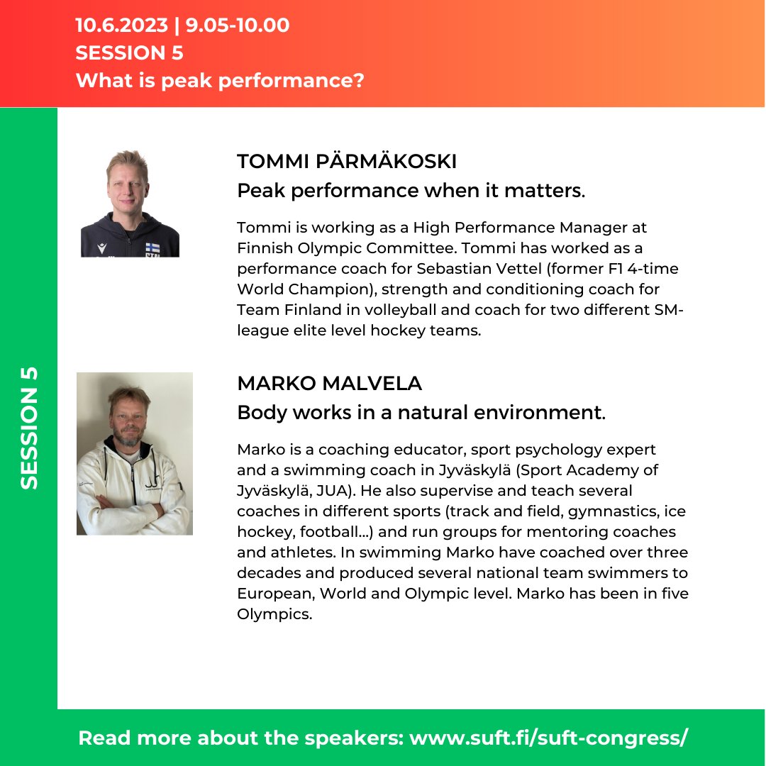 SUFTcongress (@suft_congress) on Twitter photo SUFT Congress: Prioritizing performance
Session 5: What is peak performance?
Program and tickets: suft.fi/suft-congress/
<a href="/Palm3ski/">Tapani Keränen</a> @MarkoMalvela <a href="/BJSM_BMJ/">British Journal of Sports Medicine (BJSM)</a> <a href="/DreznerJon/">Jon Drezner</a> <a href="/IntFSPT/">IFSPT</a> <a href="/urhea_fi/">Urhea</a> <a href="/KIHUFinland/">KIHU</a> <a href="/fysioterapeutit/">Fysioterapeutit</a> <a href="/Olympiakomitea/">Olympiakomitea</a> SUFT Congress: Prioritizing performance
Session 5: What is peak performance?
Program and tickets: suft.fi/suft-congress/
<a href="/Palm3ski/">Tapani Keränen</a> @MarkoMalvela <a href="/BJSM_BMJ/">British Journal of Sports Medicine (BJSM)</a> <a href="/DreznerJon/">Jon Drezner</a> <a href="/IntFSPT/">IFSPT</a> <a href="/urhea_fi/">Urhea</a> <a href="/KIHUFinland/">KIHU</a> <a href="/fysioterapeutit/">Fysioterapeutit</a> <a href="/Olympiakomitea/">Olympiakomitea</a>