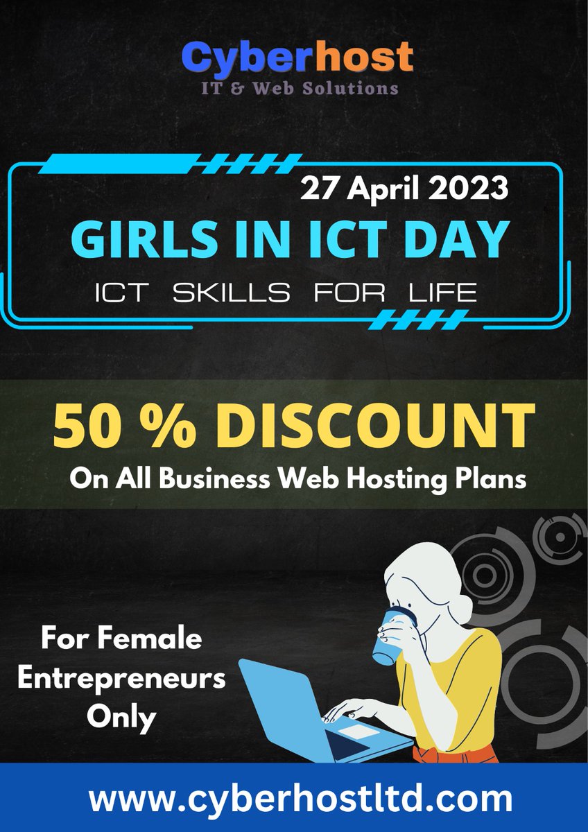 CyberHosts's tweet photo. We are proud to announce that our 37% account holders are #women

On this Girls in ICT Day, Cyber Host #Offers 50% #Discount on all Business Web Hosting Plans for female #Entrepreneurs only.

@UN_Women @sherryrehman @TWiStartups @hinaparvezbutt @ShazaFK @MNARomina @betterpakistan https://t.co/qhkuucDv5p