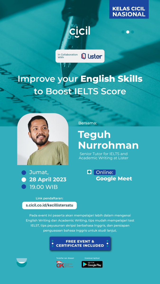 DindaNaswa6's tweet image. Are you ready to take your English writing skills to the next level? 🤓
📅 : Jumat, 28 April 2023
⏰ : 19.00 WIB
📍 : Google Meet
Link Pendaftaran: s.cicil.co.id/kecillistersatu

#Cicil #eventmahasiswa #eventgratis #Beasisiswa #EnglishWriting #AcademicWriting #IELTSPreparation