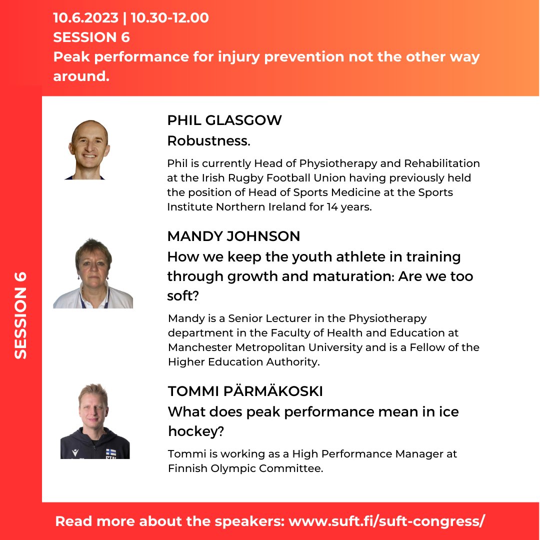 SUFTcongress (@suft_congress) on Twitter photo SUFT Congress: Prioritizing performance
Session 6: Peak performance for injury prevention not the other way around
Program and tickets: suft.fi/suft-congress/
<a href="/Palm3ski/">Tapani Keränen</a> <a href="/philglasgow/">Phil Glasgow</a> <a href="/BJSM_BMJ/">British Journal of Sports Medicine (BJSM)</a> <a href="/DreznerJon/">Jon Drezner</a> <a href="/IntFSPT/">IFSPT</a> <a href="/sportsfysioDK/">Sportsfysioterapi</a> @KarimKhan_IMHA <a href="/SUFT_congress/">SUFTcongress</a> <a href="/urhea_fi/">Urhea</a> SUFT Congress: Prioritizing performance
Session 6: Peak performance for injury prevention not the other way around
Program and tickets: suft.fi/suft-congress/
<a href="/Palm3ski/">Tapani Keränen</a> <a href="/philglasgow/">Phil Glasgow</a> <a href="/BJSM_BMJ/">British Journal of Sports Medicine (BJSM)</a> <a href="/DreznerJon/">Jon Drezner</a> <a href="/IntFSPT/">IFSPT</a> <a href="/sportsfysioDK/">Sportsfysioterapi</a> @KarimKhan_IMHA <a href="/SUFT_congress/">SUFTcongress</a> <a href="/urhea_fi/">Urhea</a>