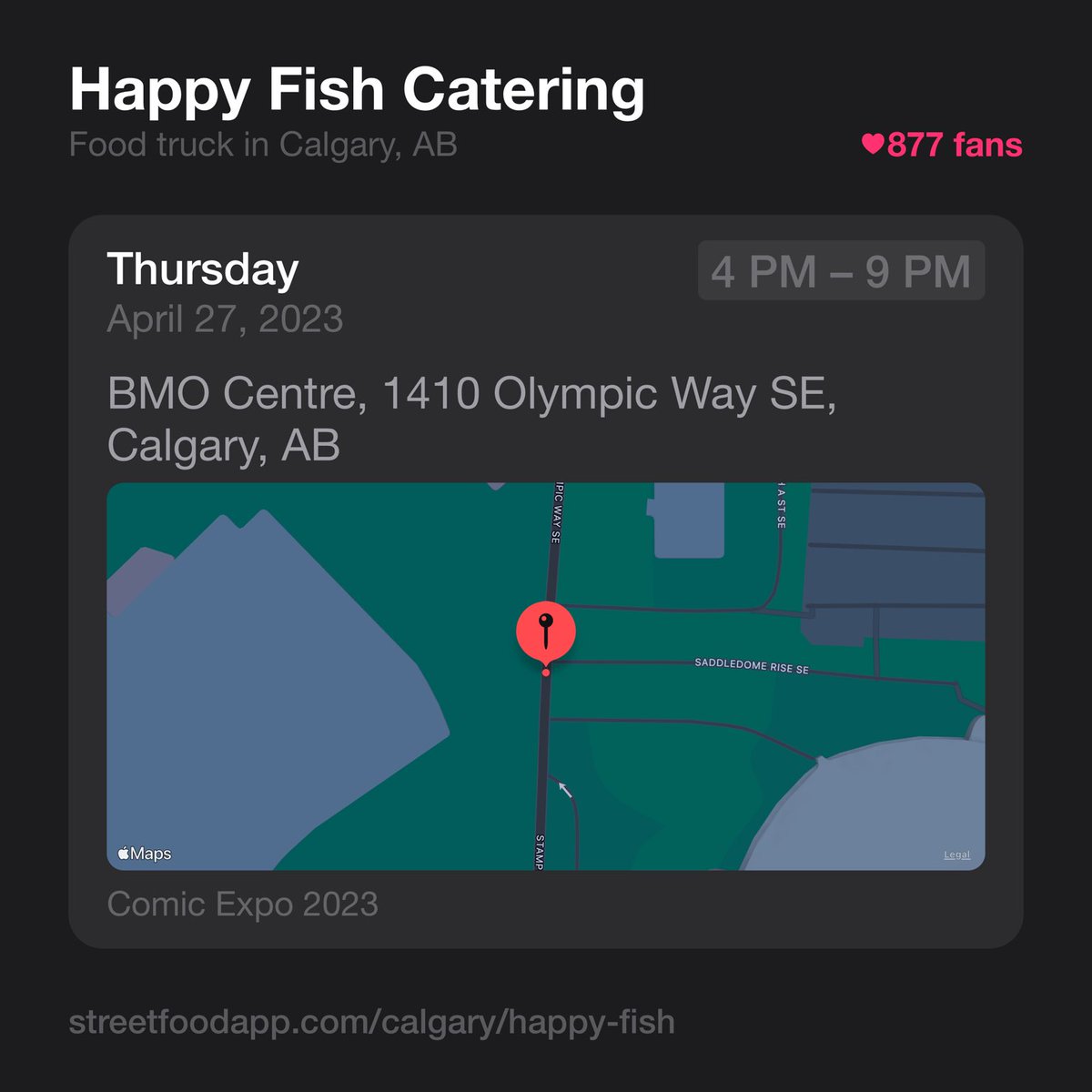 We're open tomorrow from 4 PM - 9 PM at BMO Centre, 1410 Olympic Way SE, Calgary, AB.

streetfoodapp.com/calgary/happy-…