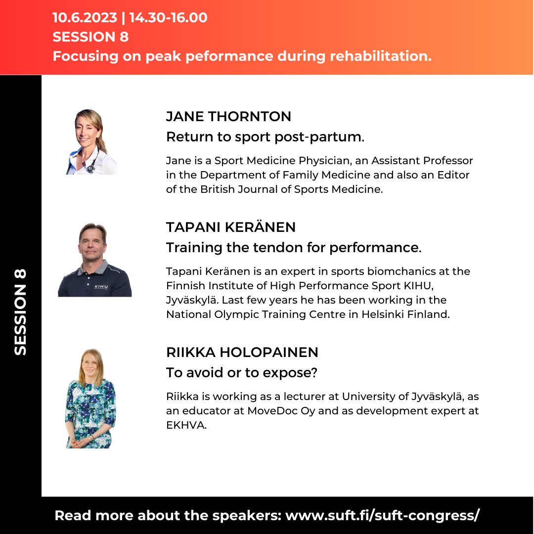SUFTcongress (@suft_congress) on Twitter photo SUFT Congress: Prioritizing performance
Session 8: Focusing on peak peformance during rehabilitation
Program and tickets: suft.fi/suft-congress/
@KeranenTapani <a href="/rtholopainen/">Riikka Holopainen</a> <a href="/JaneSThornton/">Dr. Jane Thornton OLY</a> <a href="/BJSM_BMJ/">British Journal of Sports Medicine (BJSM)</a> <a href="/DreznerJon/">Jon Drezner</a> <a href="/IntFSPT/">IFSPT</a> <a href="/sportsfysioDK/">Sportsfysioterapi</a> @KarimKhan_IMHA <a href="/SUFT_congress/">SUFTcongress</a> SUFT Congress: Prioritizing performance
Session 8: Focusing on peak peformance during rehabilitation
Program and tickets: suft.fi/suft-congress/
@KeranenTapani <a href="/rtholopainen/">Riikka Holopainen</a> <a href="/JaneSThornton/">Dr. Jane Thornton OLY</a> <a href="/BJSM_BMJ/">British Journal of Sports Medicine (BJSM)</a> <a href="/DreznerJon/">Jon Drezner</a> <a href="/IntFSPT/">IFSPT</a> <a href="/sportsfysioDK/">Sportsfysioterapi</a> @KarimKhan_IMHA <a href="/SUFT_congress/">SUFTcongress</a>