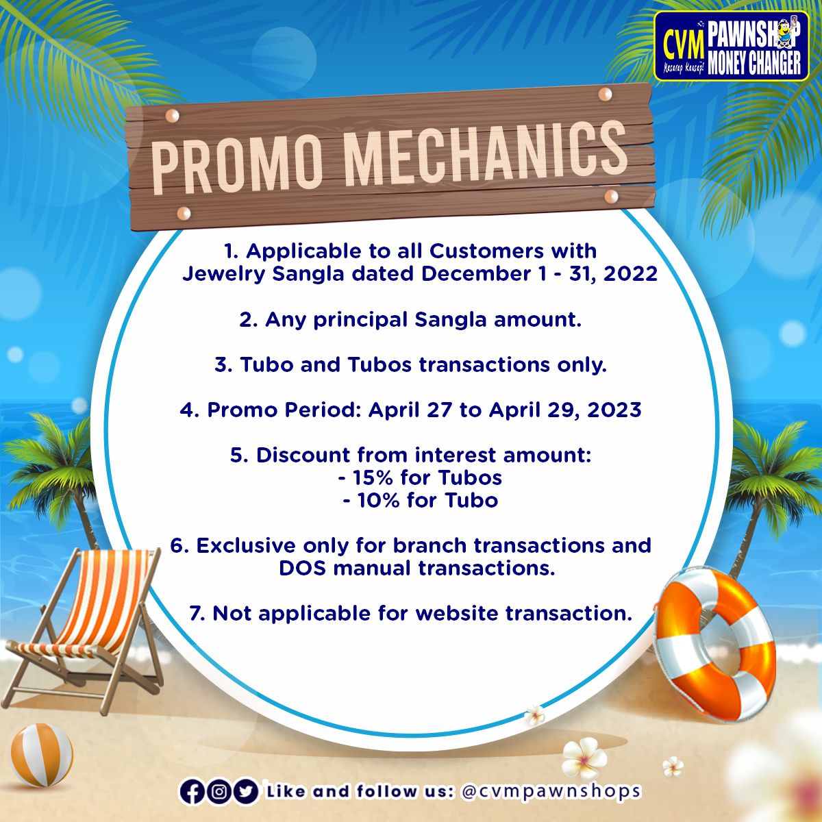 cvmpawnshops's tweet photo. Ramdam na ramdam na ang Summer! 

Magpunta na sa pinakamalapit na branches para makamit ang nagiinit na 15% discount from interest sa mga Tubos at 10% naman para sa Tubo. 

Tignan lamang ang post sa ilalim para sa full mechanics mga Ka-tropa! 

#cvmpawnshop #SubastaPromo https://t.co/Wnn2PHzLEP