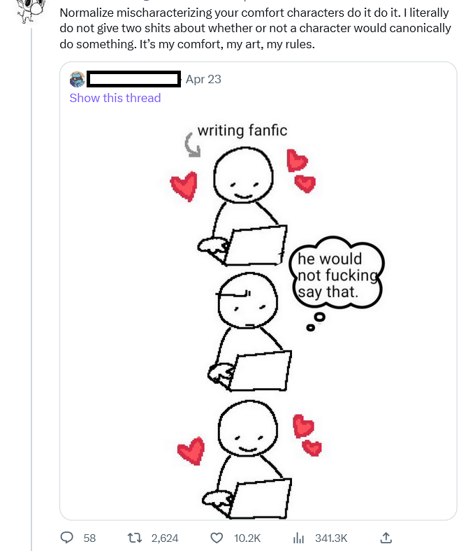 lizcourserants's tweet photo. I agree with this take wholeheartedly. Fiction is transformative and fanon should be whatever makes you happy.

I just caution people to be mindful of the fact that that *your personal characterization of a character is not canon.* Don't mix up the two. https://t.co/rN8ad9WbzR