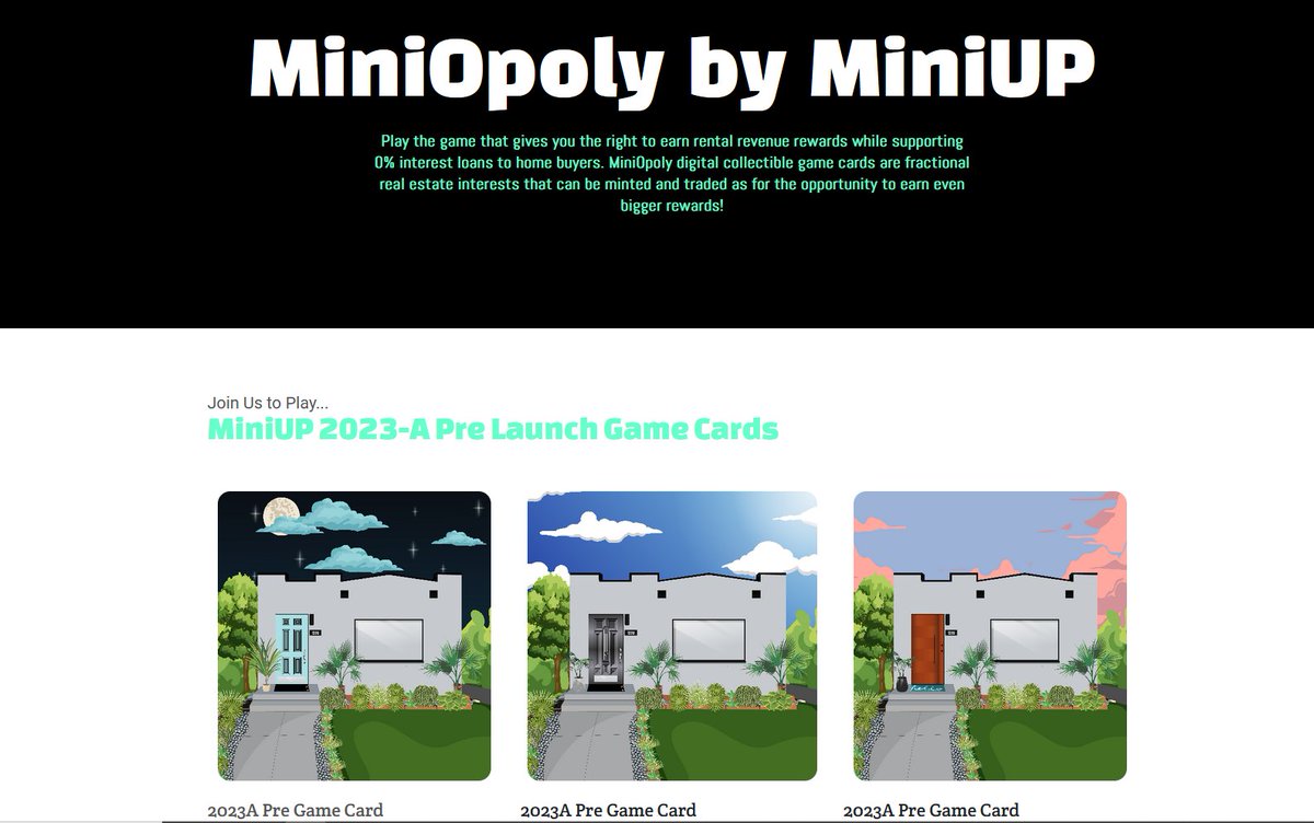 MiniUpUSA's tweet photo. @Crypti69 Launching a promotion (pre-game warmup) to MiniOpoly, the new play-to-earn real estate revenue reward game that lets you play for equity-like returns will supporting 0% interest home loans. https://t.co/UikcrKXR0k https://t.co/Bsya7GJlXT