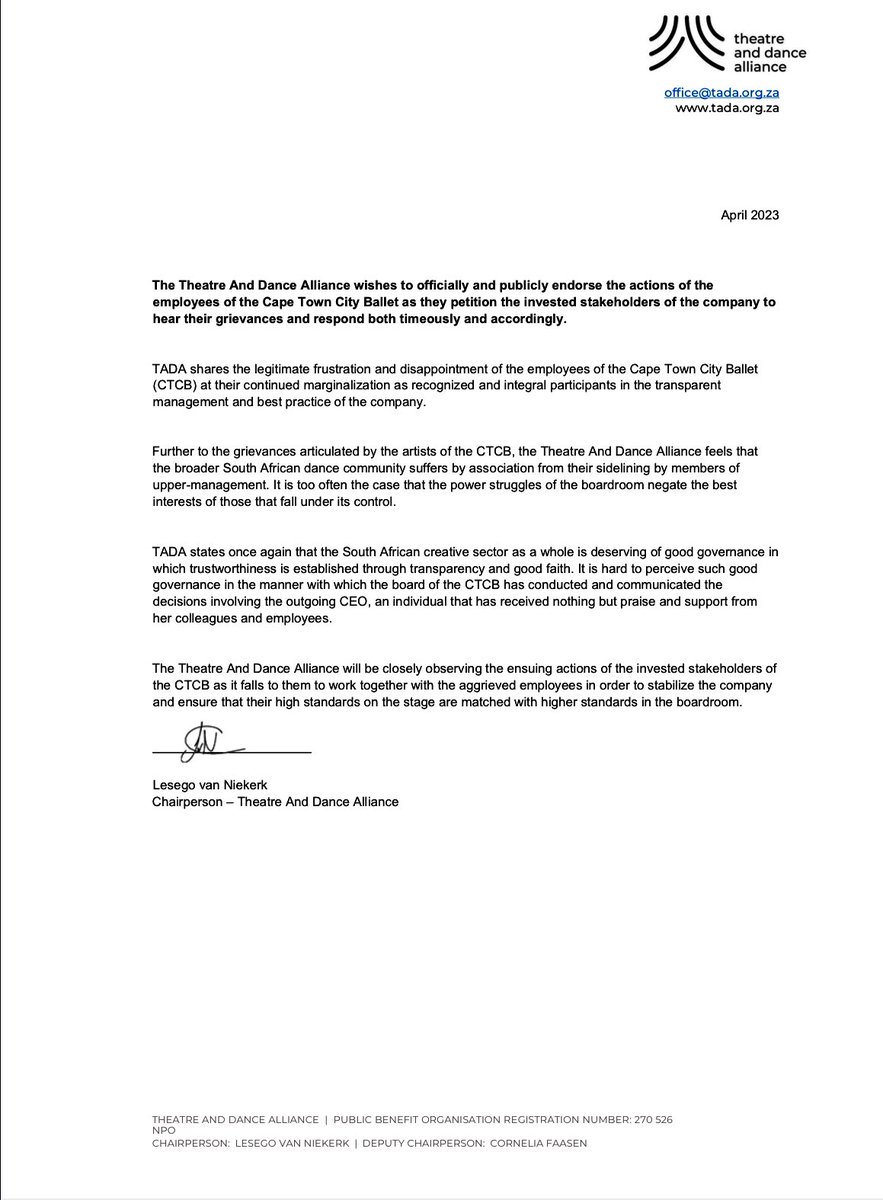 TADA stands in full support of the current &amp; continued struggle of <a href="/CT_ballet/">CapeTown city Ballet</a> employees against their marginalisation by upper-management.

Full statement attached.