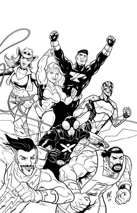 Redrawing this SpandEx mock cover. Switched Bot-Fly to his current costume (old version has his upgraded armor) and also fixed Network to his current design. I feel like Lasso Lass needs a better design, she feels out of place with the overall aesthetic.
