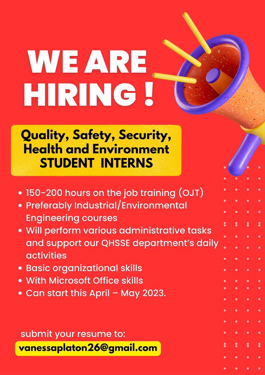 vanieplaton's tweet photo. 📢 CALLING ALL COLLEGE STUDENTS‼️

 We are hiring INTERNS for the following positions: 
🚨HR (Learning &amp; Development) 
🚨Quality, Safety, Security, Health and Environment 

🏢 Office location: West Service Rd, Paranaque City- DB Schenker https://t.co/GePi6xch3f