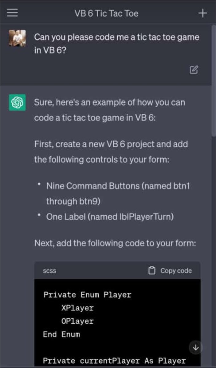 burhangee's tweet image. Definitely dangerous for anyone who spent that much time learning and maybe doing a degree and makes a living by coding/programming... 
(It took me a month when I made this game back then...) #ChatGPT #vb6 #programming